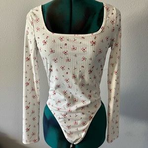 Cute Floral Print Rib-Knit Bodysuit